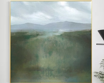 Abstract green forest canvas art gray mountain painting green artwork landscape painting large scenery painting extra large wall art decor