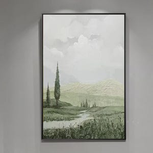 Green landscape painting, snowy mountain painting, white sky canvas painting, abstract texture acrylic painting, large living room wall art