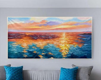 Large Sunset Ocean Oil Painting on Canvas, Navy Blue Seascape Painting, Original 3D Textured Clouds Wall Art Decor