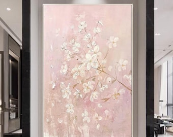 Large flower painting on canvas, pink flower painting, Blossom cherry painting original acrylic painting, living room decor large wall art