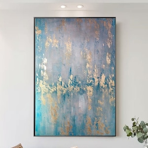 Modernes abstraktes Bild Blattgold blaue Leinwand Kunst Acrylbild goldene Malerei Blattgold Blattgold Wanddeko extra große Wanddeko