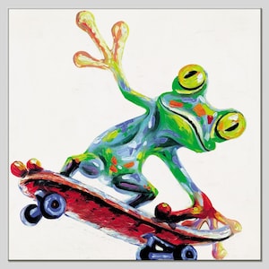 Arte de rana vibrante, arte abstracto moderno y colorido sobre lienzo, pintura de animales divertida y verde, arte deportivo, imágenes de dibujos animados, arte de pared para habitación de niños