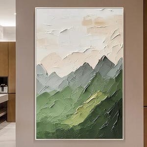 Original Mountain Oil Painting 3d Green Landscape Wall Art Minimalist Impasto Oil Painting original Texture Green canvas art Large Wall Art