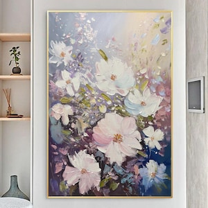 original flower painting on canvas blooming flower painting 3D texture navy blue acrylic painting living room decor extra large wall art
