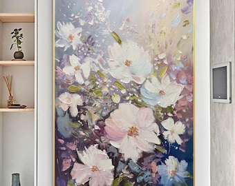 Pintura de flores florecientes sobre lienzo, textura 3D, arte mural extragrande.