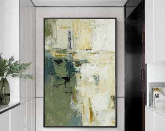 Abstract painting green modern art acrylic beige painting brightness wall art canvas painting large oil painting large living room wall art