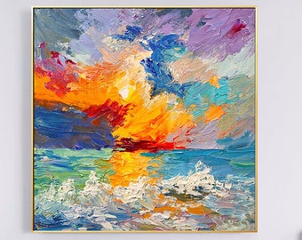 Colorful art seascape palette knife painting yellow red textured painting acrylic painting blue canvas art extra large living room wall art