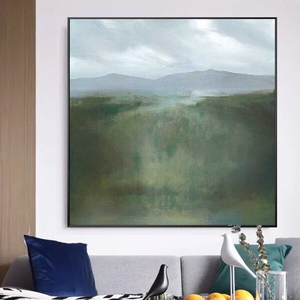 Abstract landscape painting green land canvas art smokey grey mountain painting large scenery acrylic painting extra large wall art decor