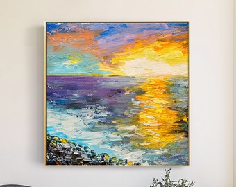 Gold Sunset Ocean Painting Large Coastal Painting On Canvas Sea Painting Palette Knife Art Sunset Landscape Painting Living Room wall Art