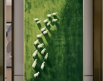 Modern landscape abstract painting green wall art white sheep canvas painting texture abstract animal art extra Large wall art painting