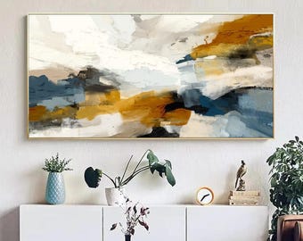 Blue Landscape Painting: Abstract Impasto Brown Mountain Art on Canvas