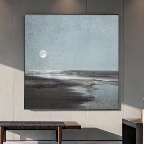 Nightscape scenery painting grey sky abstract canvas painting moon light dark shops grey landscape acrylic painting extra large wall art decor