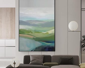 Peinture de paysage verte, montagne bleue, peinture sur toile ciel bleu blanc, paysage, peinture acrylique abstraite, oeuvre d'art murale grand salon
