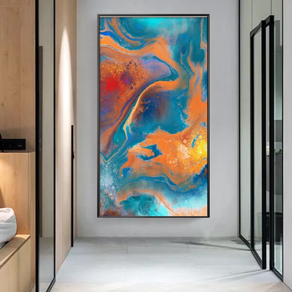 Orange blue acrylic pour painting abstract painting on canvas yellow red painting hand painted color mixture art extra large room wall art