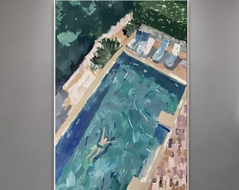 Pintura de personas en la piscina, pintura de paisaje de vacaciones, pintura minimalista verde, pintura de paisaje, decoración del hogar, arte de pared grande