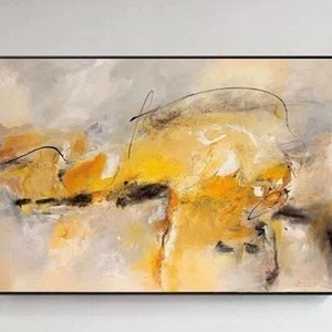 Abstract painting on canvas beige yellow painting modern art grey acrylic painting oversize extra large wall art living room wall art decor