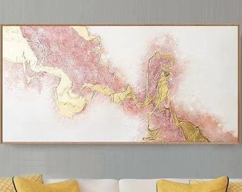 Modern abstract acrylic painting gold leaf canvas painting pink white abstract acrylic painting textured gold painting large boho wall art