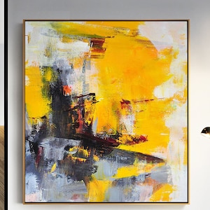 Yellow Abstract Painting Gray Abstract Art White Acrylic Painting Large Wall Art Canvas Painting Color Mixtured Painting Living Room Art