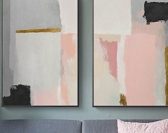 Set of 2 pieces abstract painting pink acrylic painting grey black original geometry gold painting wabi sabi wall art cuadros abstractos