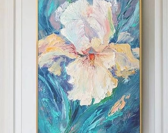 Grande pintura abstrata de flores em tela, pintura de textura azul 3D, pintura acrílica azul empastada colorida, pintura floral rosa, arte de parede para sala