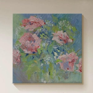 Abstract Floral Painting: Pink Flowers in Vase, Oversize Canvas Wall Art