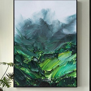 Large canvas art impasto green original painting abstract mountain painting heavy textured oil painting extra large wall art 3D canvas art