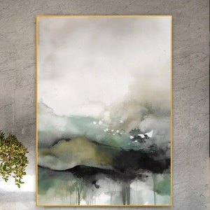 Large Abstract Mountain Painting: Sage Green Wall Art Decor