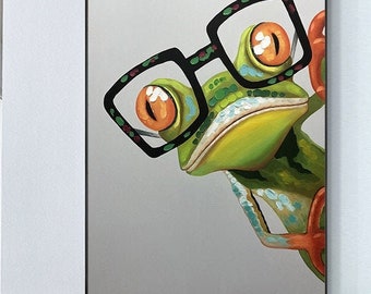 Abstract animal canvas painting green glasses frog acrylic painting tree frog textured cartoon painting large living room wall art decor