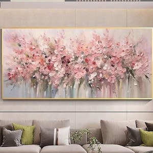 Abstract Cherry Flower Oil Painting on Canvas, pink textured painting, Original Blossom Floral Art Pink Painting Living Room large wall art