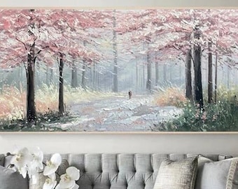 Large Cherry Blossom Oil Painting: Spring Landscape Wall Art