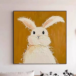 Abstract animal canvas painting, white rabbit painting, pets painting, lovely bunny cartoon painting, large living room wall art decor