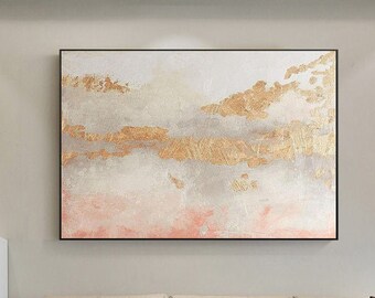 Pintura en lienzo rosa, arte abstracto moderno, hoja de oro, pintura acrílica, pintura al óleo original, arte de pared de gran tamaño, cuadros abstractos