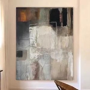 Brown minimalist painting, grey textured original oil painting, brown 3D Wabi Sabi art, customized wall decor beige painting on canvas