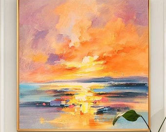 Abstrakte Acrylbilder, Gold Strukturgemälde, Sonnenaufgänge, Meer Landschaft, Meer Leinwand, 70er, 80er, 70er, 70er Jahre, Geschenk für Sie