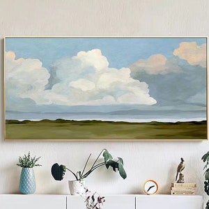 20&quot;x40&quot; Green landscape painting on canvas mountain framed Painting blue sky paints Minimalist Landscape extra large living room wall art