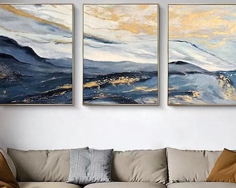Navy Blue Mountain Painting Set: Gold Abstract Landscape Canvas Art