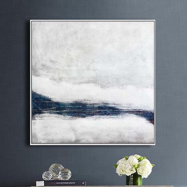 Modern abstract painting white clouds painting blue landscape art navy blue canvas painting original handmade painting extra large wall art