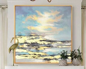 Gold sunrise painting, brightness abstract painting, blue seascape canvas art, acrylic painting, grey canvas painting, oversize wall art