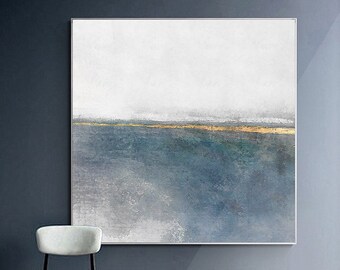 Landscape grey abstract painting on canvas white cloud gold scenery painting modern abstract navy blue acrylic painting extra large wall art