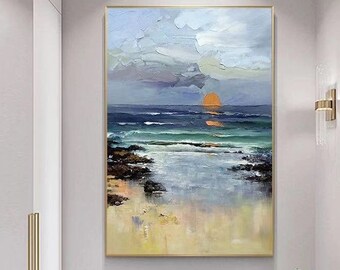 Seascape heavy textured palette knife painting sunrise scenery abstract painting navy blue sea wave canvas painting extra large wall art