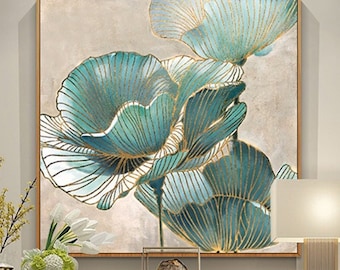 Pintura abstrata de plantas, tela floral verde, linha dourada, arte de árvore, pintura acrílica, sala de grandes dimensões, arte de parede, quadros abstratos