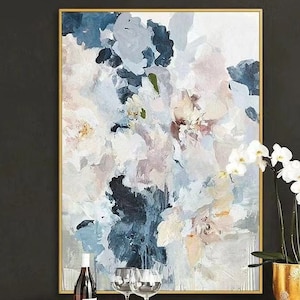 Large Abstract painting on canvas navy blue flower painting pink large flower acrylic painting living room decor extra large wall art