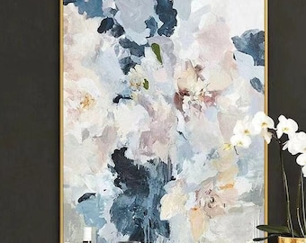Grande pintura abstrata em tela azul marinho, pintura de flores rosa, grande pintura acrílica de flores, decoração de sala de estar, arte de parede extra grande