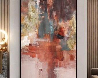 Pintura abstracta original color óxido, lienzo marrón, cuadro de pared verde, arte de pared boho con lámina de oro.