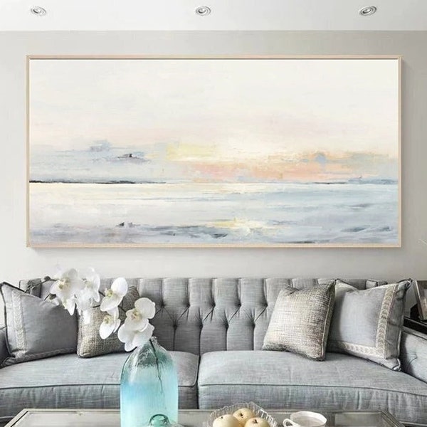 Large ocean painting Abstract acrylic painting blue seascape art gold sunset painting on canvas sunset artwork oversize grey wall art