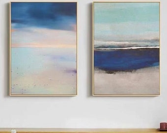 Set of 2 pieces navy blue painting green landscape art pink clouds acrylic painting blue ocean sea art painting extra large wall art decor