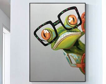 Abstract animal canvas painting green glasses frog acrylic painting tree frog textured cartoon painting large living room wall art decor