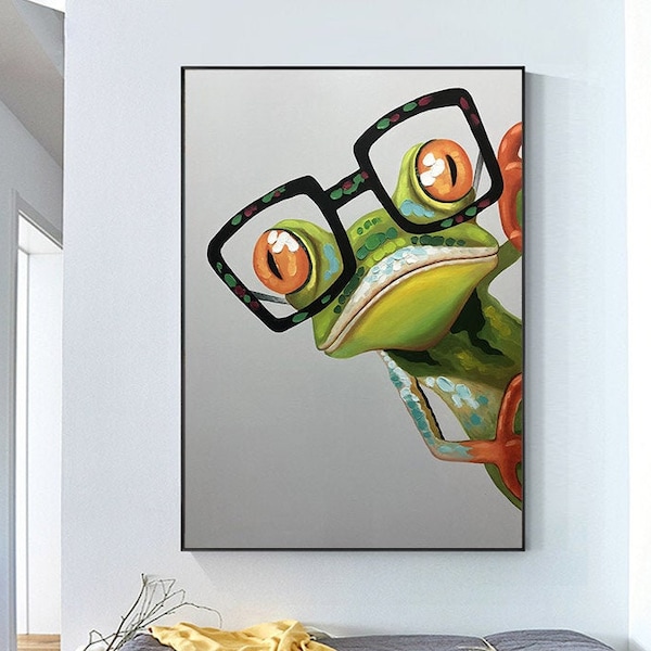 Abstract animal canvas painting green glasses frog acrylic painting tree frog textured cartoon painting large living room wall art decor