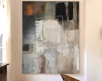 Brown minimalist painting, grey textured original oil painting, brown 3D Wabi Sabi art, customized wall decor beige painting on canvas