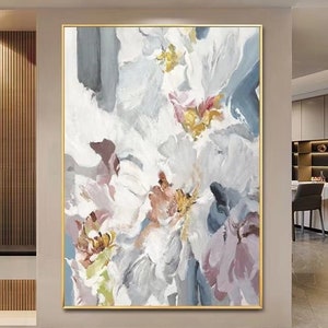 Abstract Floral Canvas Painting: Large Pink & Navy Blue Wall Art